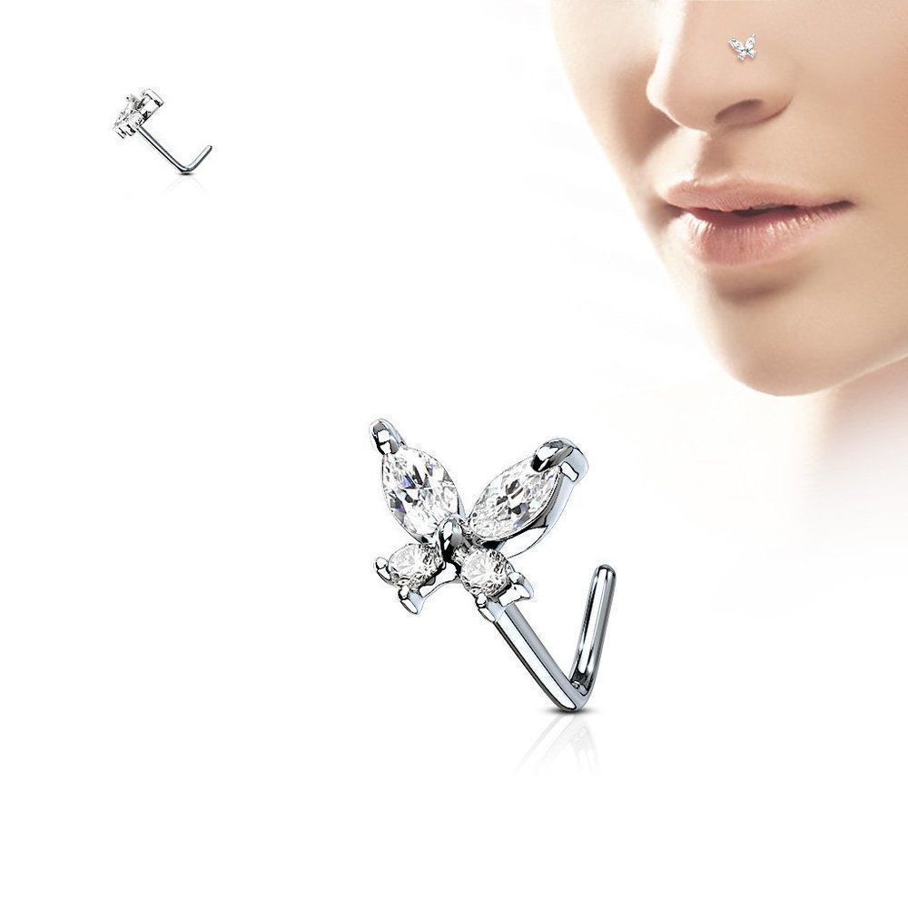 New Cz Butterfly Surgical Steel L Bend Nose Stud New Cz Butterfly Surgical Steel L Bend Nose Stud